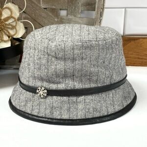 3/$25 Vintage 90s Faux Leather Trimmed Pinstripe Wool Blend Bucket Hat